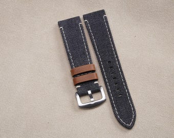 Black Canvas Watch Strap – Handmade Fabric Watch Band – 18mm 20mm 22mm – Style vintage