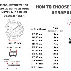 May include: An informational graphic with text and illustrations on how to measure watch straps. It includes a table of lug and buckle sizes, a diagram of a watch, and instructions on measuring wrist size in centimeters.
