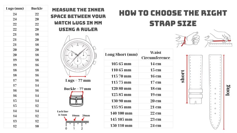 May include: An informational graphic with text and illustrations on how to measure watch straps. It includes a table of lug and buckle sizes, a diagram of a watch, and instructions on measuring wrist size in centimeters.