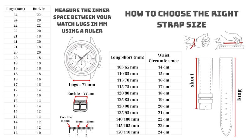 May include: An informational graphic with text and illustrations detailing how to measure watch strap size. It includes a table of lug and buckle sizes, a diagram of a watch, and instructions on measuring wrist circumference in centimeters.