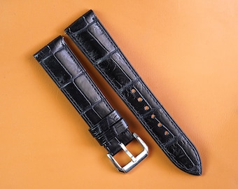 Handmade Black Alligator Leather Watch Strap-Custom size: 24mm, 23mm, 22mm, 21mm, 20mm, 19mm, 18mm