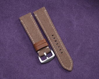 Brown Canvas Watch Strap, Style vintage. Size 24mm,22mm,20mm,18mm