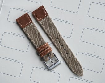 Cinturino per orologio in tela Etoupe – Dettagli in pelle marrone fatti a mano