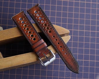 Pulseira de relógio artesanal em couro curtido vegetal marrom com pátina - Estilo vintage, pulseira de relógio personalizada