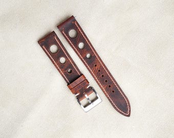 Pulseira de relógio em couro bovino encerado marrom, feita à mão, personalizável.