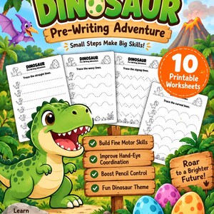 Dinosaurier-Übungsblätter zur Vorbereitung auf das Schreiben, Vorschul-Nachspurübungen, 3-5 Jahre, zum Ausdrucken Bild 1