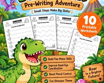 Dinosaur Pre-Writing Worksheets, Preschool Tracing Activities, Ages 3-5 Printable