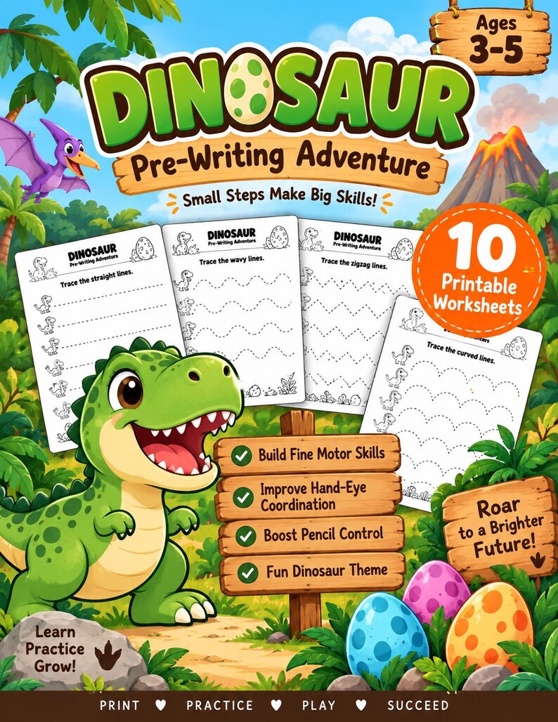 Dinosaurier-Übungsblätter zur Vorbereitung auf das Schreiben, Vorschul-Nachspurübungen, 3-5 Jahre, zum Ausdrucken Bild 1