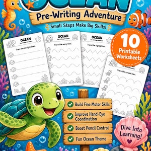 Ocean Pre-Writing Worksheets, Preschool Tracing Activities, Ages 3-5 Printable image 1