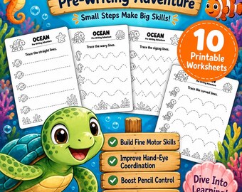 Arbeitsblätter zur Vorbereitung auf das Schreibenlernen mit dem Thema Ozean, Vorschul-Übungen zum Nachzeichnen, für Kinder von 3-5 Jahren (zum Ausdrucken)