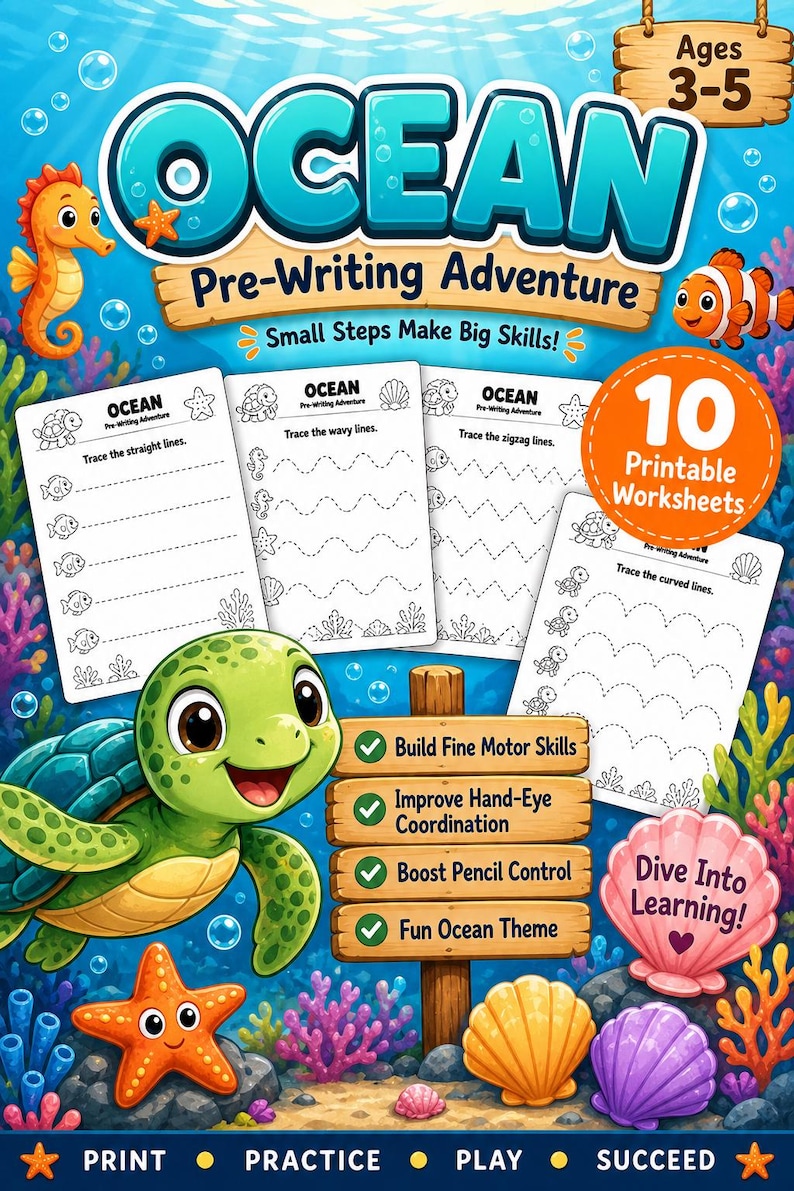 Ocean Pre-Writing Worksheets, Preschool Tracing Activities, Ages 3-5 Printable image 1