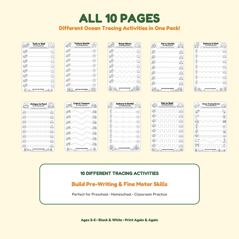 Ocean Pre-Writing Worksheets, Preschool Tracing Activities, Ages 3-5 Printable image 3