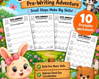 Animal Pre-Writing Worksheets, Preschool Tracing Practice (Digital Download)