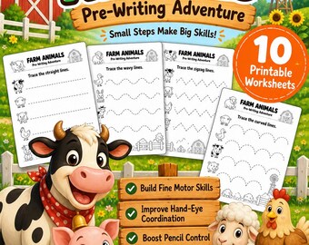 Farm Animal Pre-Writing Worksheets, Preschool Tracing Practice (Digital Download)