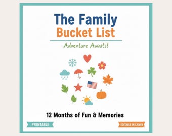 Könnte beinhalten: Eine druckbare Familien-Bucket-Liste mit türkisfarbenem Rand. Der Titel "The Family Bucket List" ist in Blau und Orange gehalten. Der Text "Adventure Awaits!" steht unter dem Titel. Das Bild enthält Symbole für die 12 Monate des Jahres.