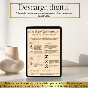 Peut inclure: Téléchargement numérique d'un guide d'entretien des ongles en gel et gel constructeur. Le guide est sur une tablette noire, avec du texte en espagnol, et comprend des conseils sur ce qu'il faut faire et éviter pour maintenir la santé des ongles.