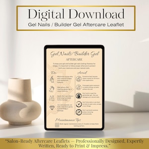 May include: Digital download of a gel nails and builder gel aftercare leaflet. The leaflet provides tips on how to maintain gel nails, including moisturising cuticles, wearing gloves, and avoiding heat and harsh chemicals.