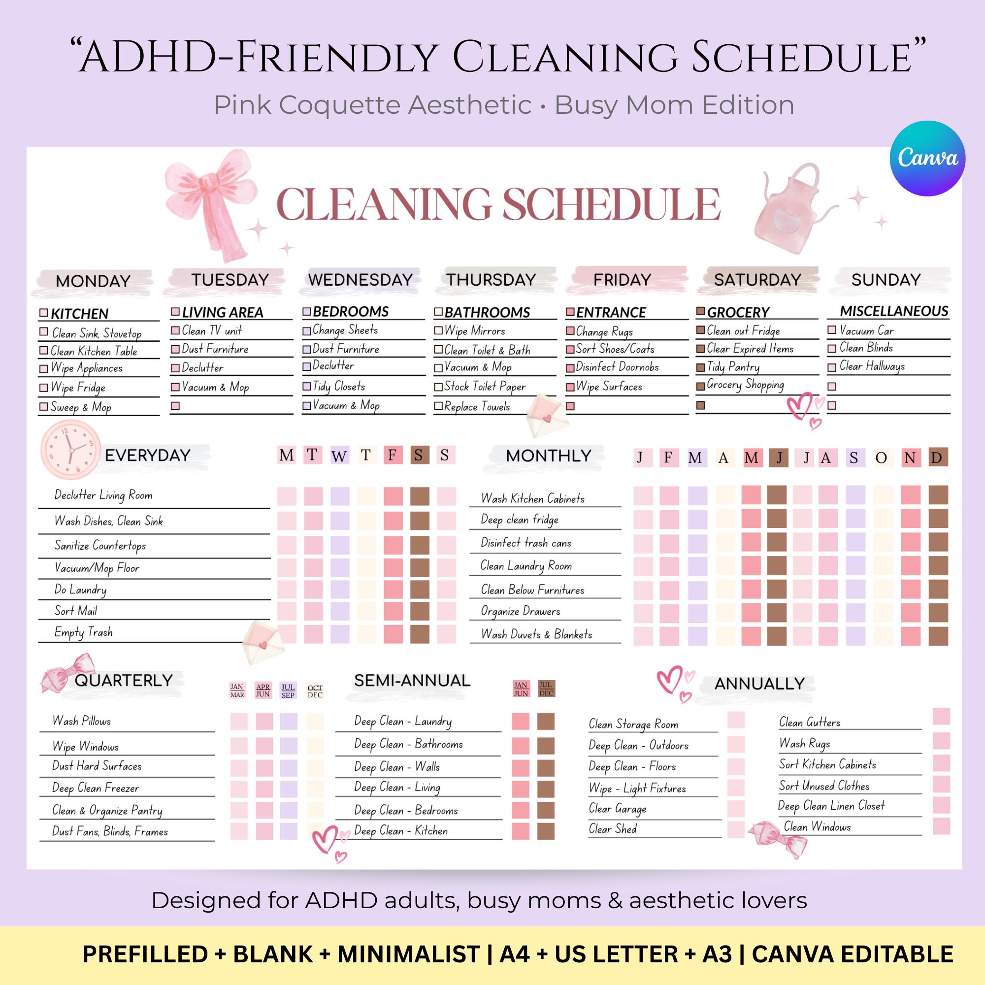 ADHD Cleaning Schedule | Pink Coquette, Minimalist (canva Template) - Etsy