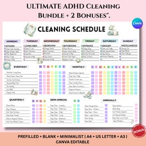 Op de afbeelding: Een kleurrijk schoonmaakschema met de tekst "ULTIMATE ADHD CLEANING BUNDLE + 2 BONUSSEN". Het schema is verdeeld in dagelijkse, wekelijkse, maandelijkse, driemaandelijkse, halfjaarlijkse en jaarlijkse taken.