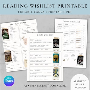 May include: A reading wishlist printable set featuring editable Canva templates and PDF files. The documents include sections for book titles, authors, genres, priority ratings, and summaries. The pages display book cover illustrations and checkboxes.