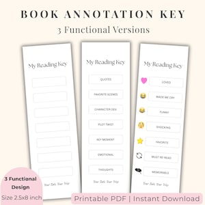 May include: Three white rectangular book annotation keys measuring 2.5x8 inches. Each features the text My Reading Key and Your Tabs, Your Way. The first is blank, the second lists categories like Quotes, and the third uses emojis and labels like Loved.