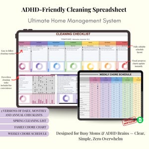 Può includere: Un foglio di calcolo per la pulizia adatto all'ADHD visualizzato su un tablet e un dispositivo più piccolo. Il foglio di calcolo include una lista di controllo delle pulizie, un programma settimanale delle faccende domestiche e altri strumenti organizzativi. Il testo include "ADHD-Friendly Cleaning Spreadsheet".