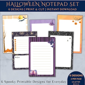 May include: A set of six Halloween-themed printable notepads featuring various designs including pumpkins, bats, a witch hat, spiders, moths, and an open book. The pages are formatted for 21.59 by 27.94 cm paper with lined and blank writing sections.