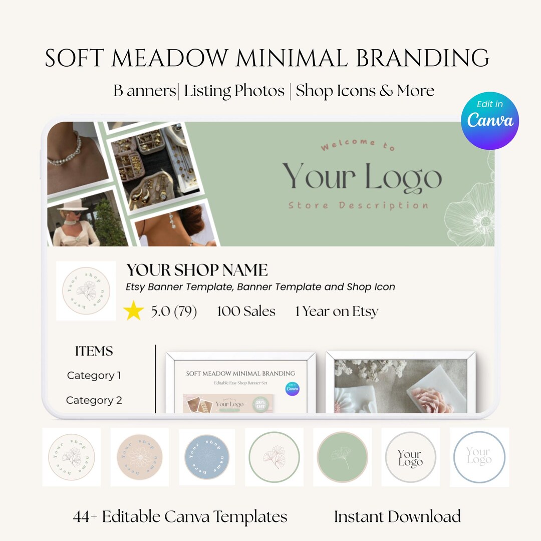 Etsy Shop Branding Kit Canva Template | Soft Meadow Minimal Branding ...