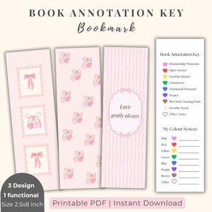 Peut inclure: Quatre marque-pages rectangulaires sur le thème rose clair. Trois présentent des illustrations de cerises et de nœuds, tandis que le quatrième est une clé d'annotation de livre avec une liste codée par couleur incluant des cœurs rose, rouge, jaune, vert, bleu, violet, marron et blanc.