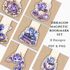 以下が含まれることがあります： 紫と青のドラゴンのイラストが8種類描かれたマグネット式しおりセット。巻物の上で眠るドラゴン、ティーカップに入ったドラゴン、本の上に乗ったドラゴン、卵から孵化するドラゴンなどがデザインされています。テキストは「DRRAGON MAGNETIC BOOKMARK SET」と記載されています。