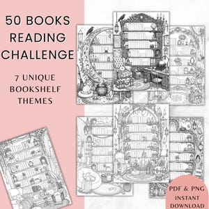 May include: A digital collection of 50 books reading challenge coloring pages featuring 7 unique bookshelf themes. The black and white line art illustrations depict detailed library scenes with cozy furniture, cats, and various decorative objects.