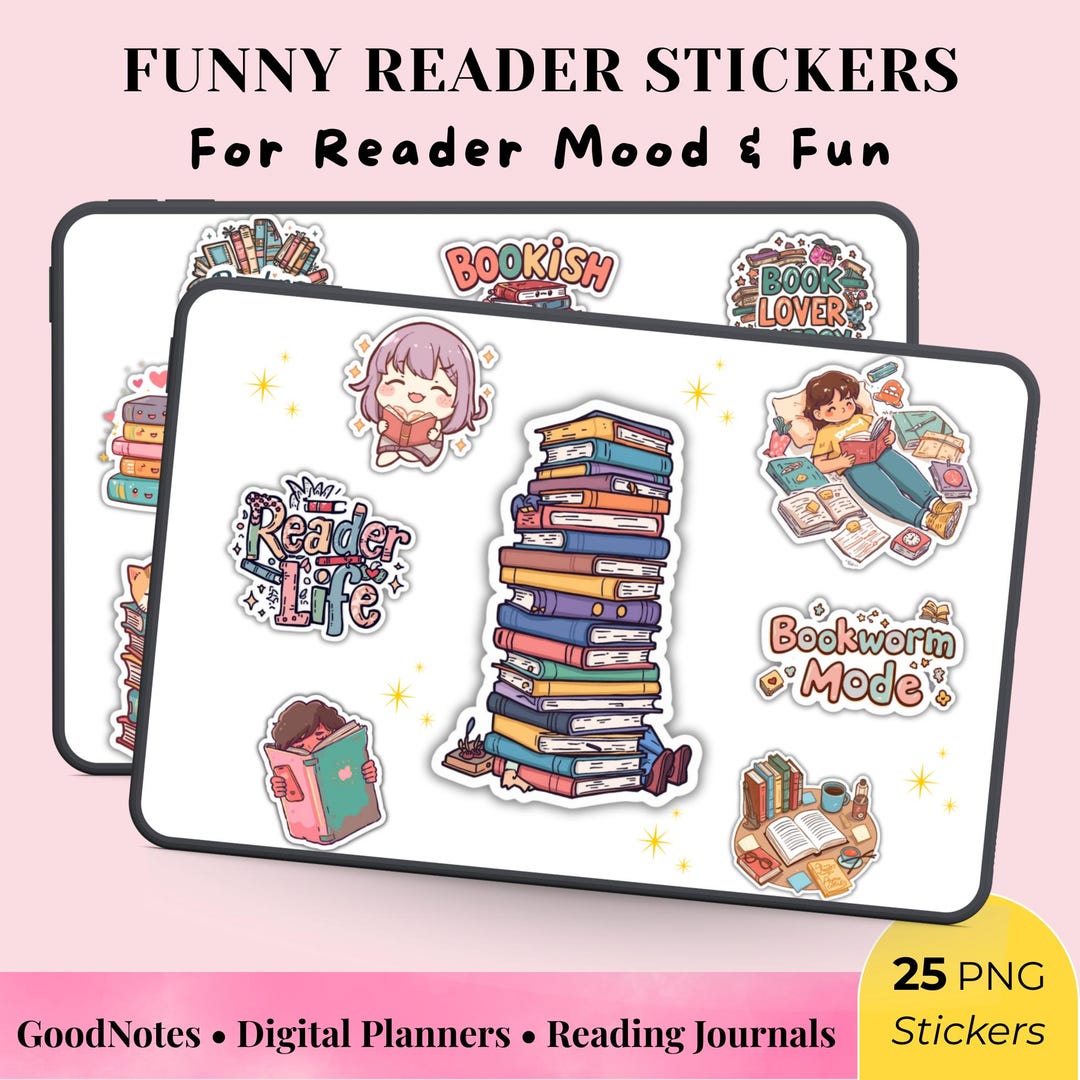 Funny Reader Stickers | Book Lover Pngs for Digital Planners (25 ...