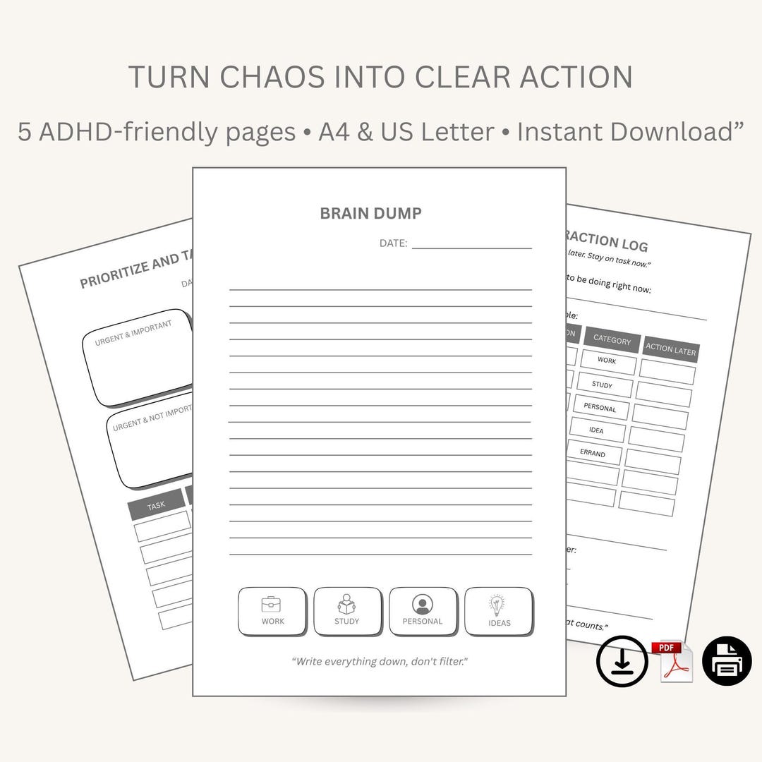 ADHD Brain Dump Printable | Focus Planner for Students (digital ...