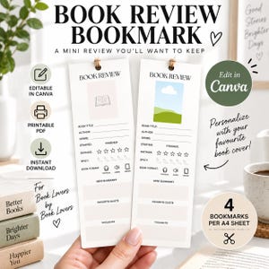 May include: Two white rectangular bookmarks with the text BOOK REVIEW at the top. Each bookmark features fields for book title, author, genre, dates, star ratings, spicy chili pepper icons, book format icons, and sections for summary, quotes, and thoughts.