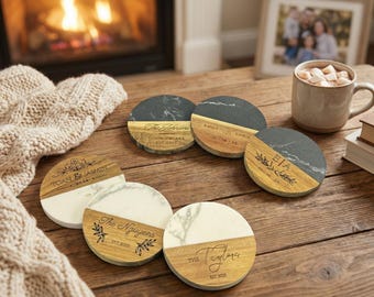 Personalized Engraved wood + marble Coaster Set | Wedding, Housewarming Gift