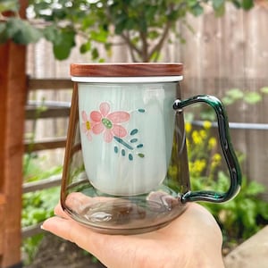 Pink Lotus Glass Tea Mug with Ceramic Infuser & Wood Lid, 15oz Embossed Botanical Cup, Flower Gift for Tea Lovers, Visual Brewing Steeper