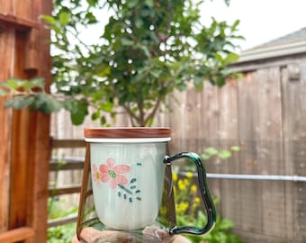 Pink Lotus Glass Tea Mug with Ceramic Infuser & Wood Lid, 15oz Embossed Botanical Cup, Flower Gift for Tea Lovers, Visual Brewing Steeper