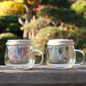Botanical Glass Tea Mug with Handpainted Floral Infuser - 11oz Wisteria and Osmanthus Tea Gift Set, Clear Cup with Lid & Loose Leaf Steeper