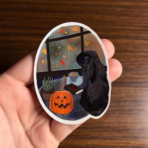 May include: Oval sticker featuring a black rabbit looking out a window at falling autumn leaves. A carved orange pumpkin, a cup of coffee, and a small potted plant are on the table. The sticker has a cozy, autumnal theme.