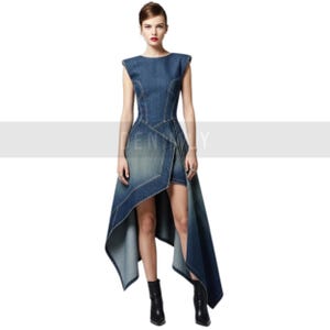Girl&#39;s Denim Dress with Asymmetrical Hem -Edgy Sleeveless Denim Dress with Structured Shoulders - Unique Denim Maxi Dress with Deep V Back