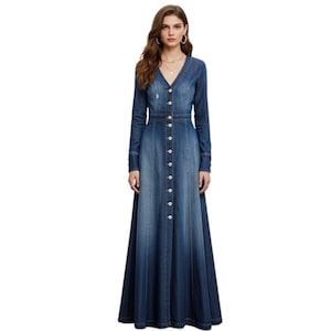 Criss-Cross Back Denim Maxi Kleid: V-Ausschnitt Langarm