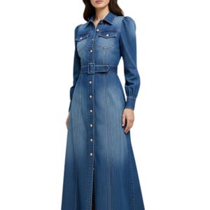 Denim Maxikleid mit Gürtel: Vintage Western-Stil, lange Ärmel