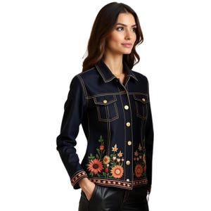 Slim Fit Embroidered Denim coat - Urban Black Denim Jacket with Stitch-Stylish Button-up Black Denim Jacket -  Designer Denim Jacket