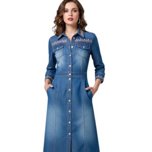 Besticktes Denim Maxi Kleid : Langarm Button-Down mit Taschen