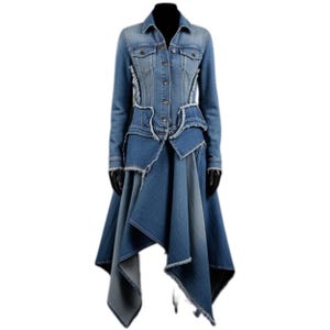 Asymmetrical Layered Denim Jacket Dress: Frayed Edges, Attached Scarf