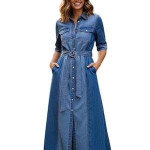 Mädchen Blau Denim Maxi Kleid : Shirt mit Gürtel und Taschen