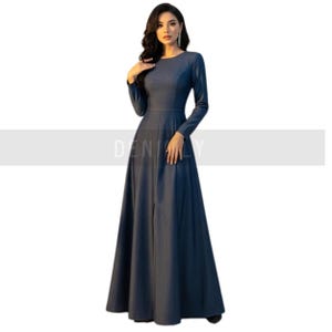 Girl&#39;s Classic Blue Evening Maxi Dress - Elegant Navy Long Sleeve Maxi Dress - Women&#39;s Modest Blue Formal Gown - Long Sleeve Party Dress