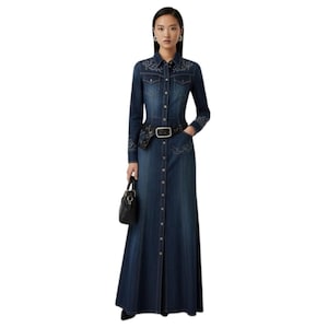 Embroidered Denim Maxi Dress: Western Button-Up Indigo Gown