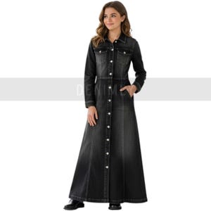Schwarzes Jeans-Hemdkleid: Langarm-Maxi mit Taschen