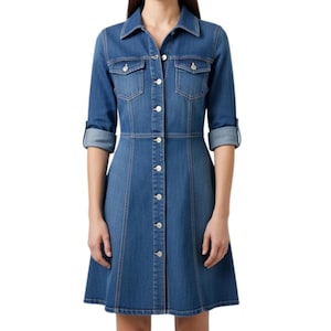 Women&#39;s Casual Denim Dress - Blue Denim Dress with Button Front - Stylish A-Line Denim Dress with Pockets - Trendy Button-Down Shirt Dress
